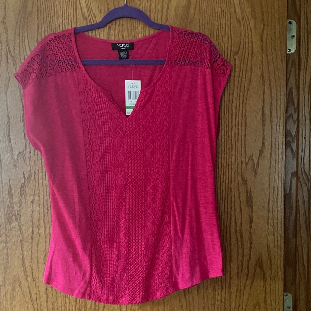 VERVE Berry burst Pink Lace-Trim Short Sleeve T Shirt